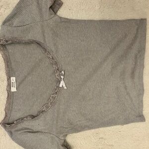 Gray Ribbed Top with Lace Trim